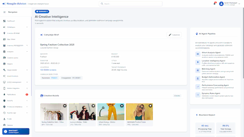 AI Creative Intelligence input screen with campaign brief, creative assets, and agent pipeline for automated creative-location matching