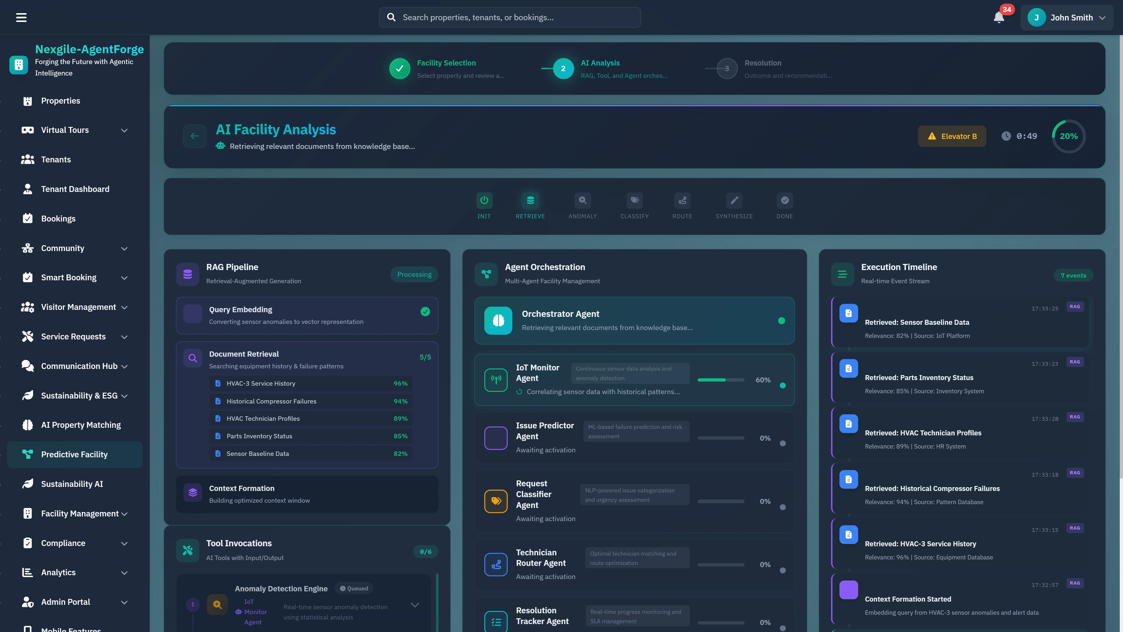 AI Facility Analysis - Multi-agent orchestration with RAG pipeline, IoT monitoring agents, predictive insights, and real-time execution timeline.
