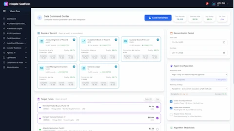 Data Command Center - Multi-agent orchestration dashboard displaying Books of Record management, reconciliation periods, target funds, and agent configuration with real-time reconciliation status and algorithm thresholds