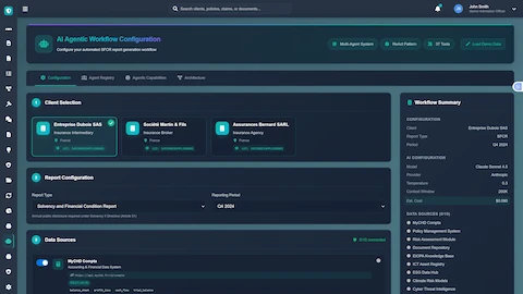 SFCR Workflow Configuration - Client selection, report type setup, and data source connections for automated report generation
