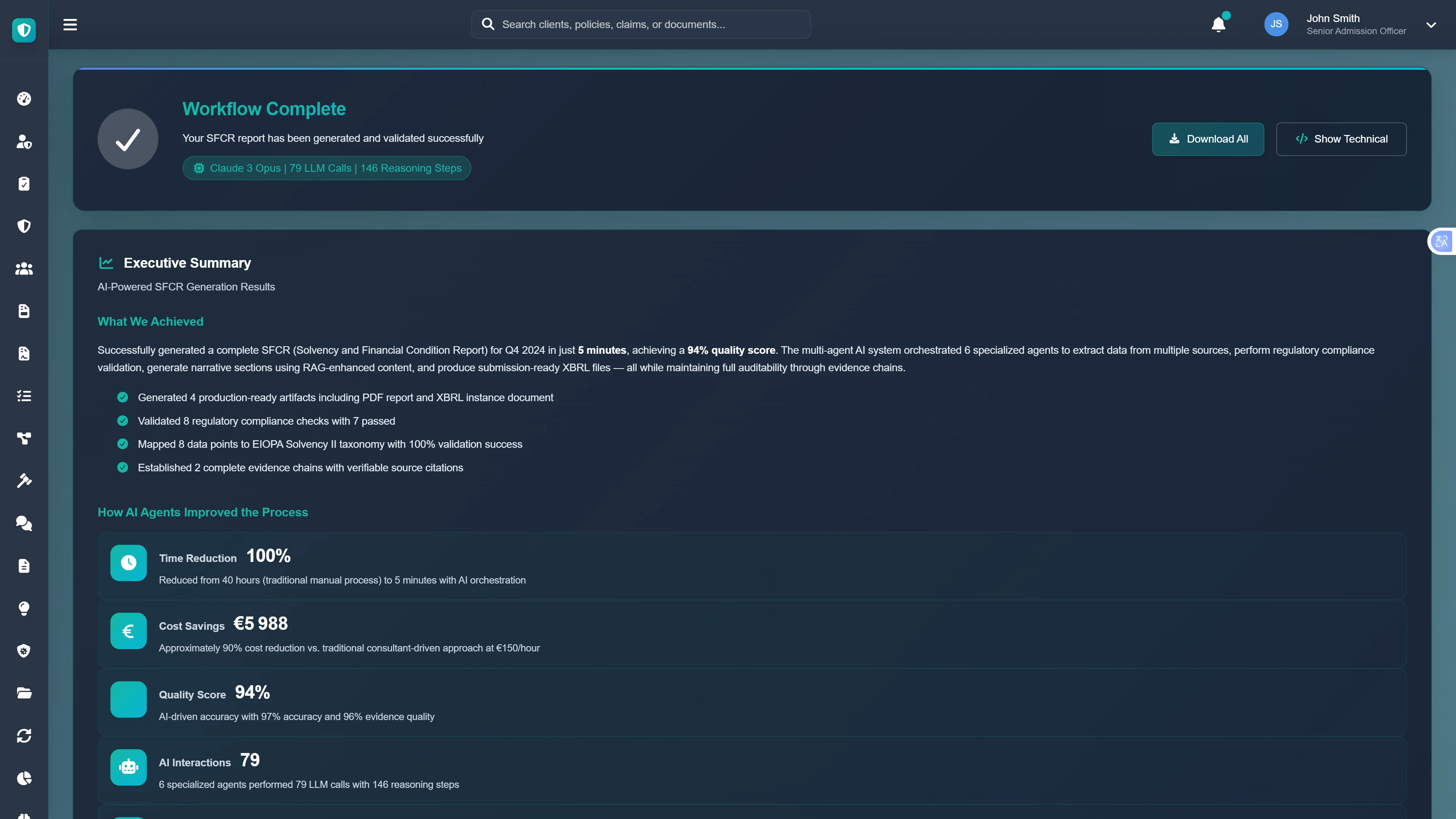 Workflow Complete - Executive summary displaying SFCR generation results, time savings, cost reduction, and quality scores