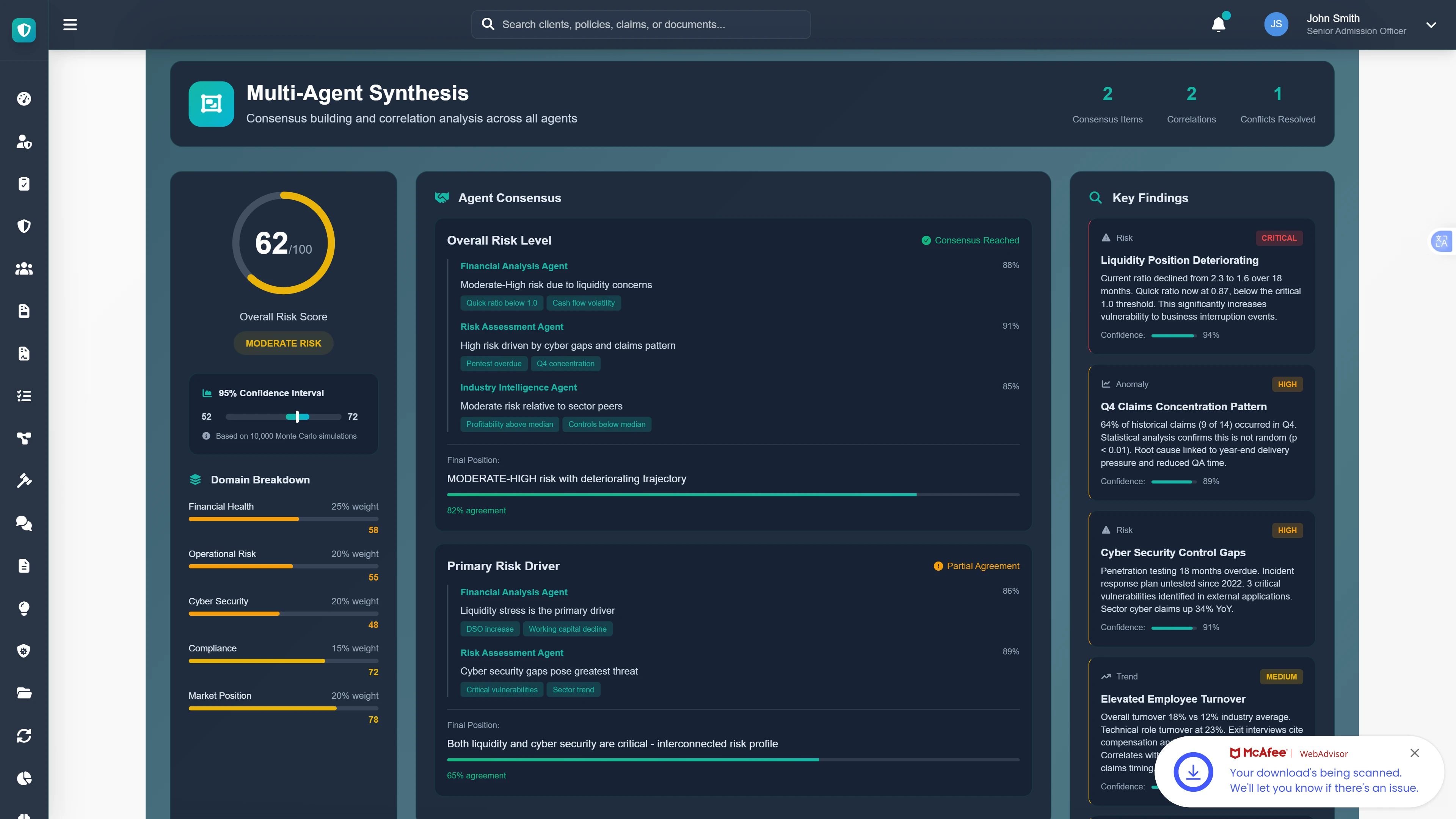 Agent Synthesis Dashboard - Consensus-building interface displaying aggregated risk scores, domain breakdown, and key findings from all agents