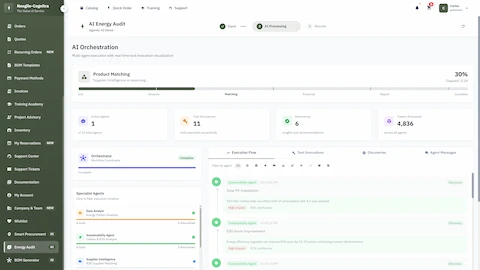 AI Orchestration dashboard showing real-time agent progress with product matching workflow at 30% completion