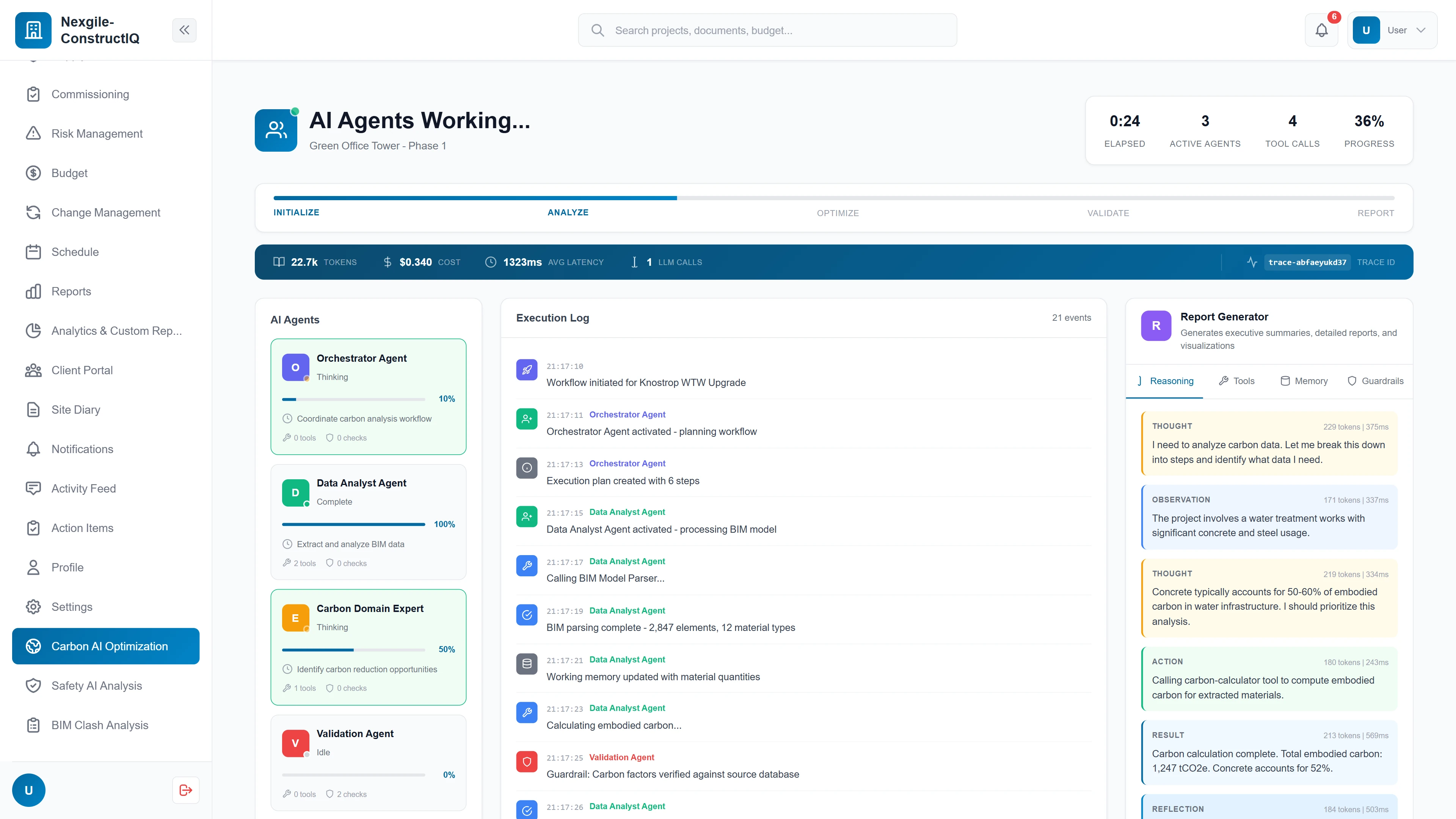 Multi-agent orchestration view showing AI agents collaborating with real-time execution log, reasoning traces, and progress tracking.