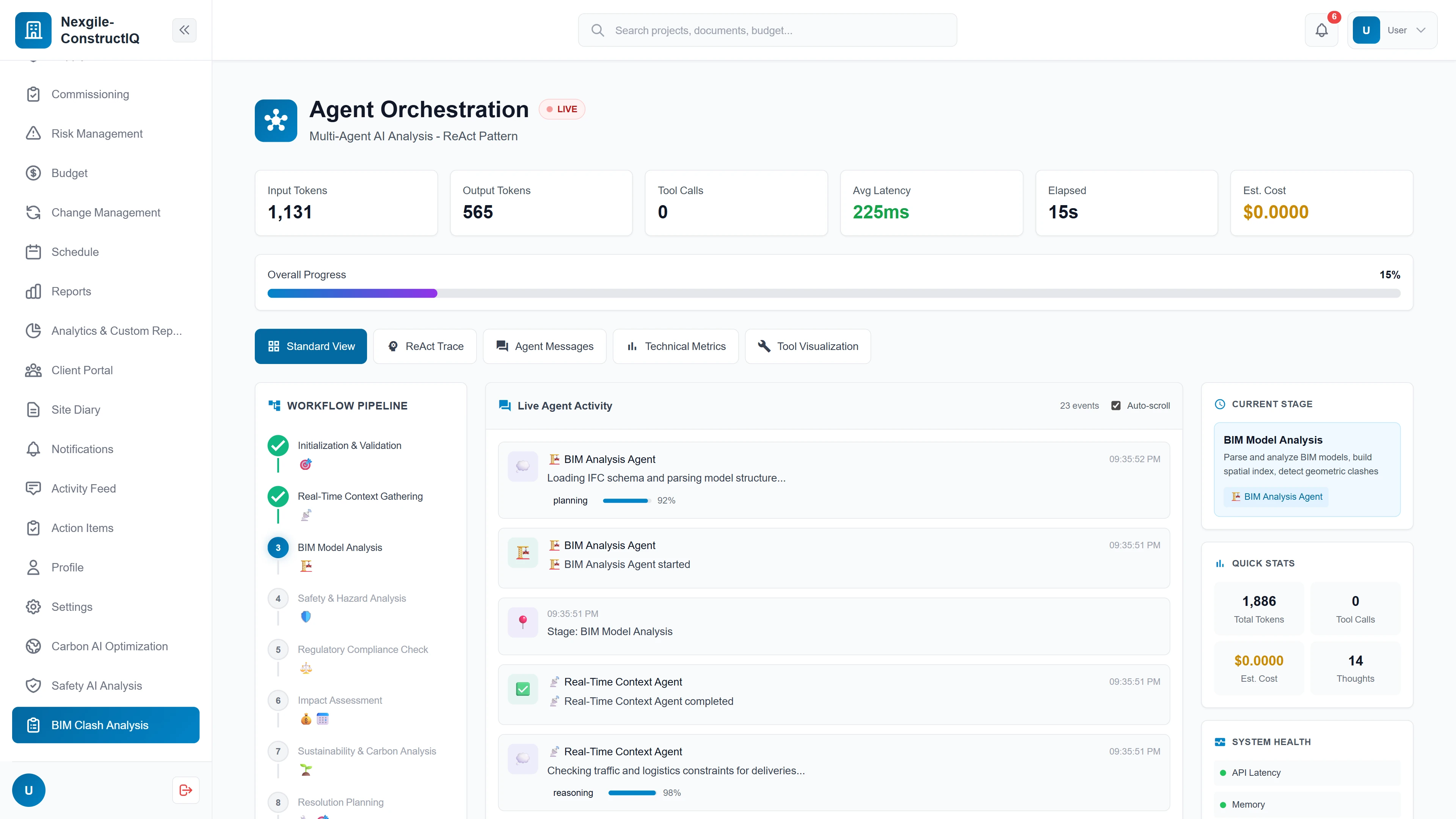 Live agent orchestration with 9-stage workflow pipeline, real-time agent activity feed, token metrics, and system health monitoring.