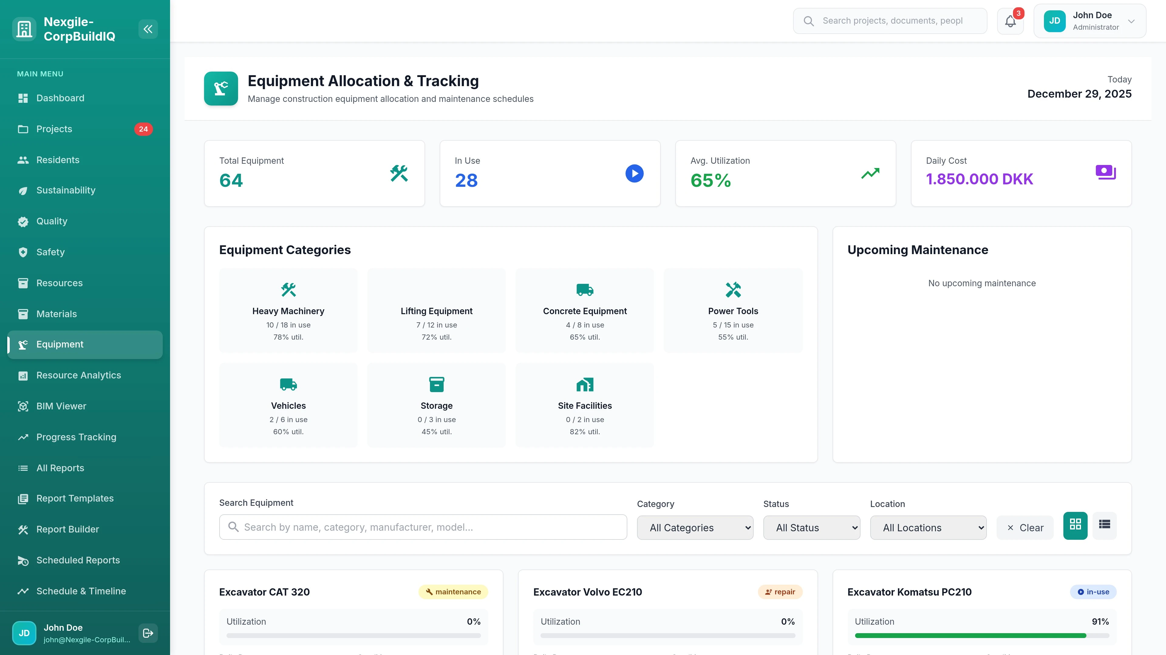 Equipment Management Portal - Main View