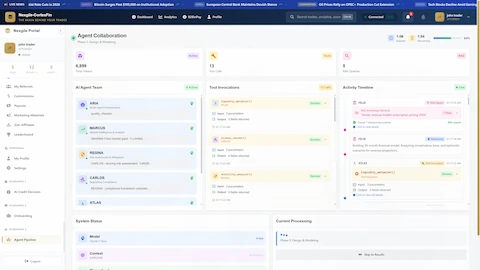 Agent Collaboration In Progress - Multi-agent team (ARIA, MARCUS, REGINA, CARLOS, ATLAS, FELIX) working collaboratively with real-time tool invocations and activity timeline showing RAG queries and reasoning phases