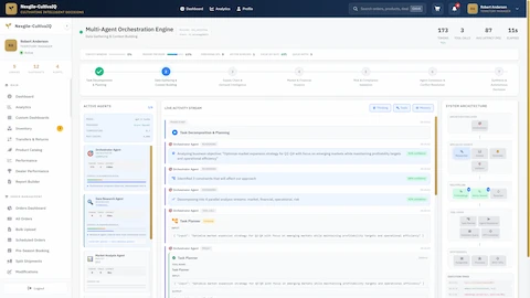 Real-time multi-agent orchestration in progress with live activity stream showing agent task execution and performance metrics