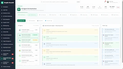 AI Agent Orchestration - Real-time execution view with Data Extraction Agent reasoning trace, agent status indicators, and event log tracking progress.