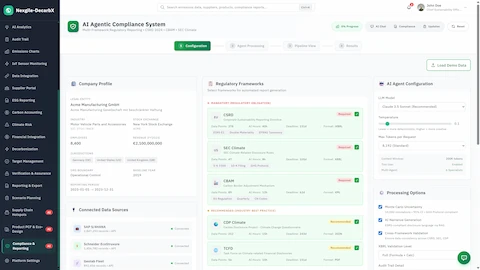 AI Agentic Compliance System - Configuration interface with company profile, connected data sources, regulatory frameworks (CSRD, SEC, CBAM, CDP, TCFD), and AI agent settings.