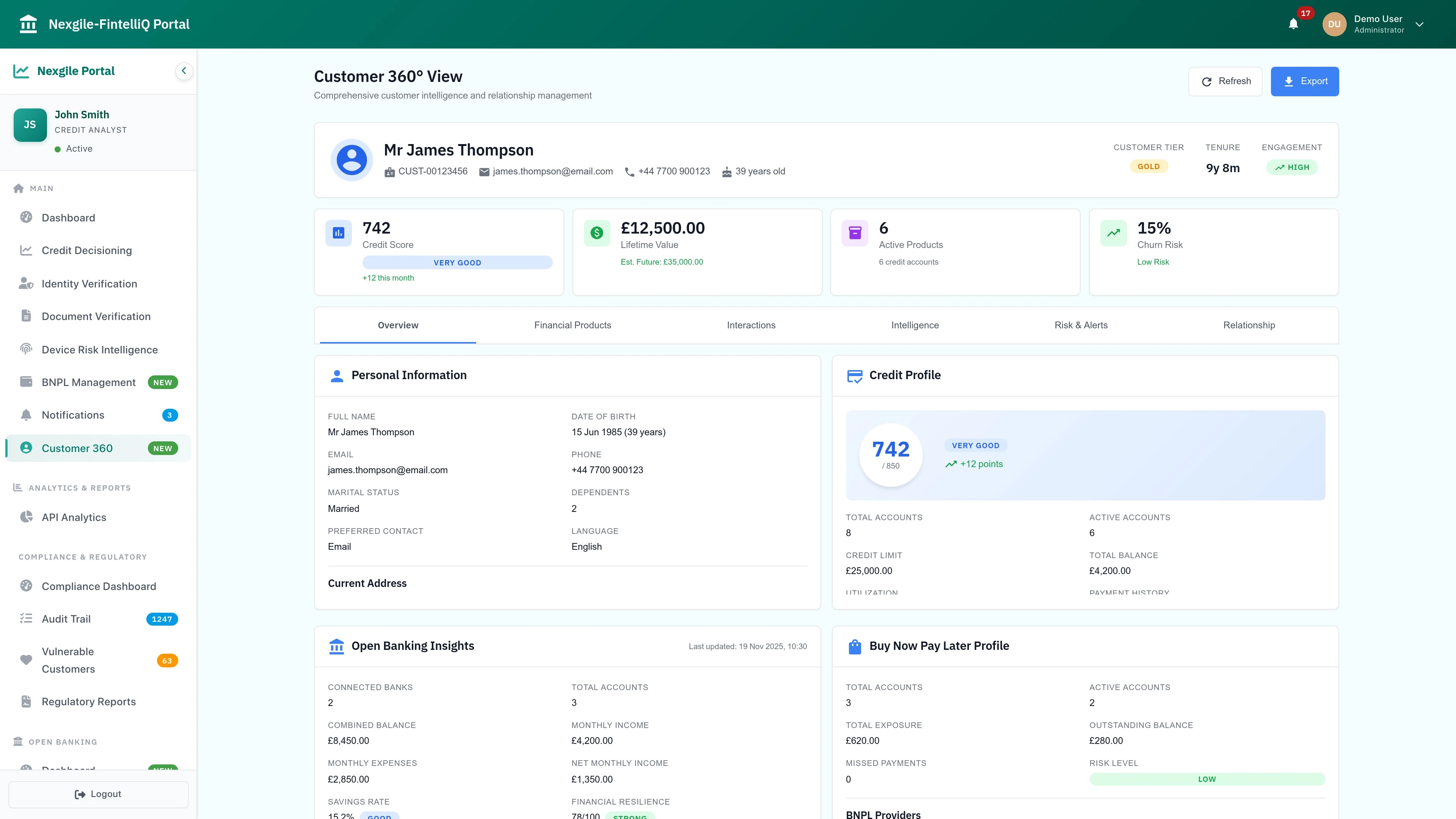 Customer 360 View - Comprehensive customer overview with credit analysis and fraud detection