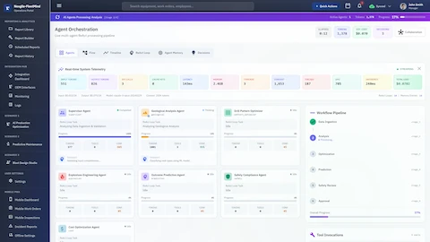 Agent Orchestration view displaying live multi-agent ReAct processing pipeline with real-time system telemetry including token usage, API calls, latency metrics, multiple specialized agents executing tasks with progress tracking, workflow pipeline stages, and tool invocation monitoring.