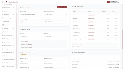 Configuration interface showing property context, analysis period, 8-agent LLM configuration with token costs, pricing guardrails, and system specifications