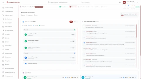 Agent Orchestration - Task Execution DAG with phased workflow, live reasoning feed showing agent thoughts and actions, and Agent Fleet status panel