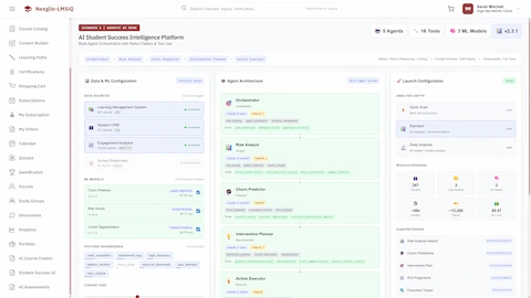 AI Student Success Intelligence Platform - Data & ML configuration, Agent Architecture (Orchestrator, Risk Analyst, Churn Predictor, Intervention Planner, Action Executor), and Launch Configuration