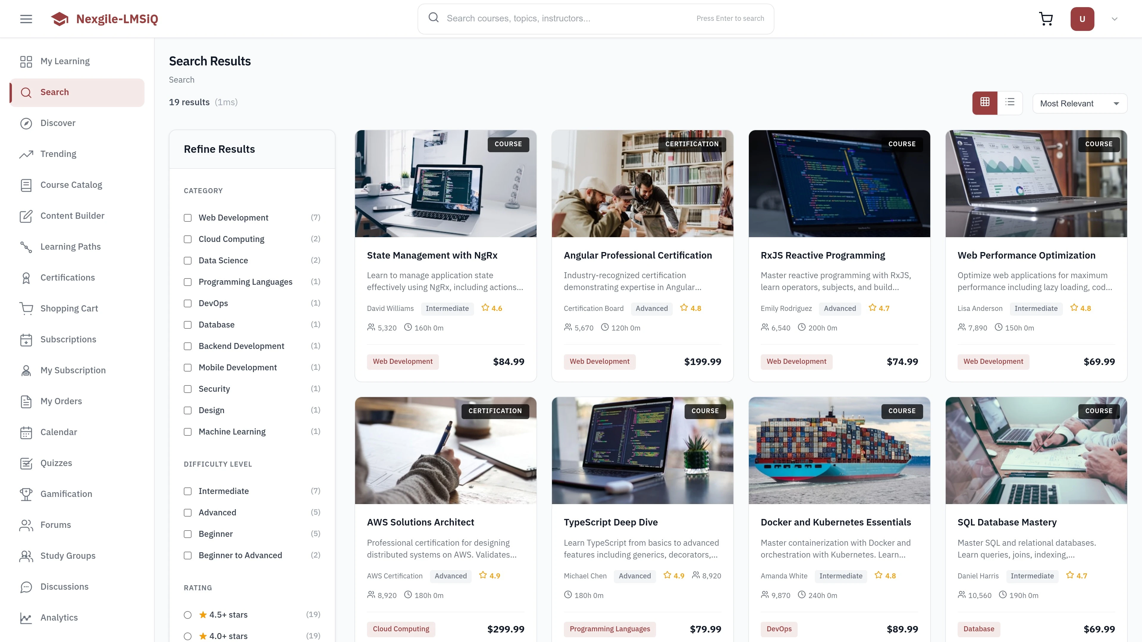 Search Results screen displaying intelligent course discovery with semantic matching and filtering