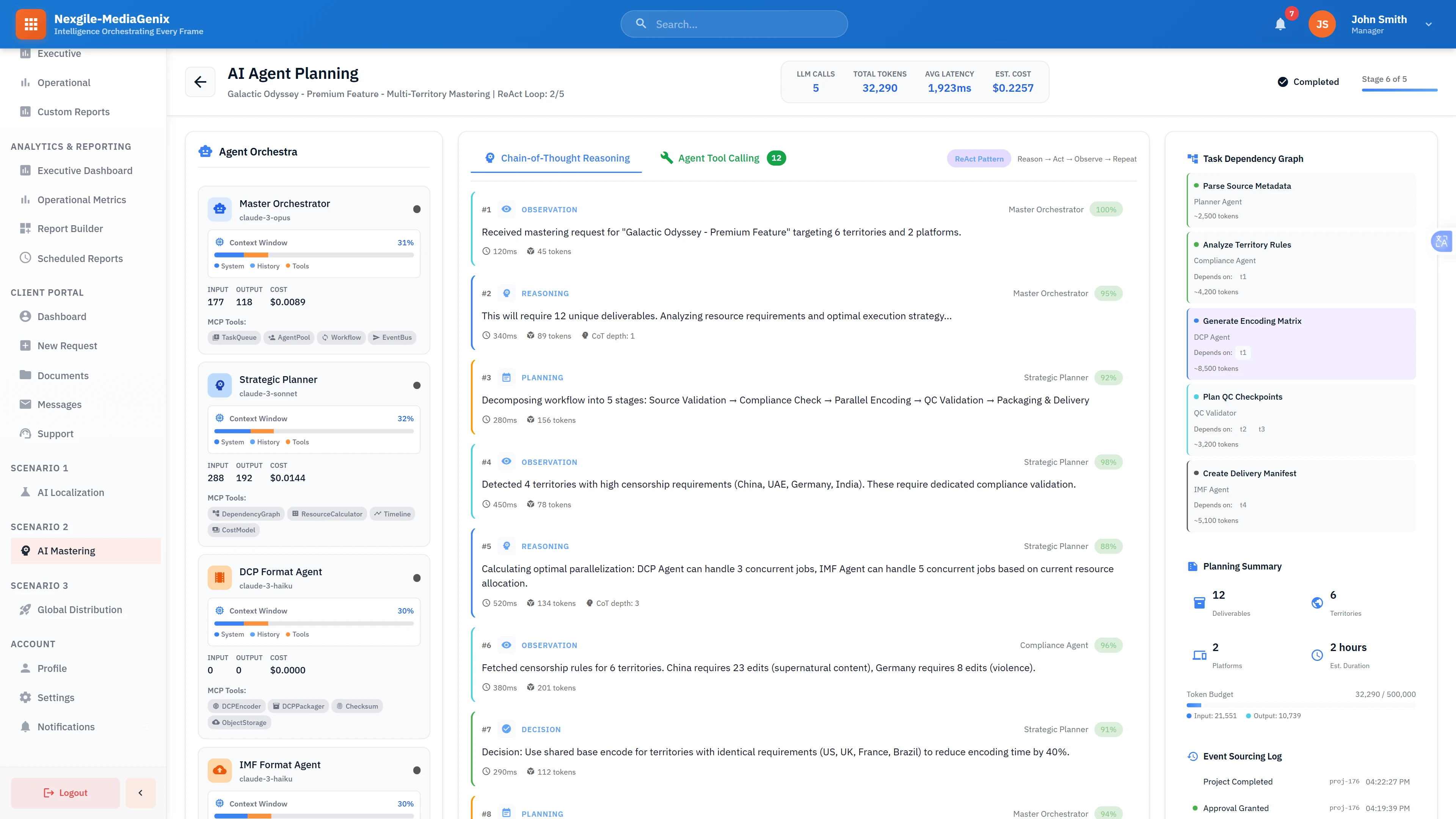 AI Planning Interface: Strategic planner showing chain-of-thought reasoning, task decomposition across specialized agents, and dependency graph for parallel encoding workflow optimization