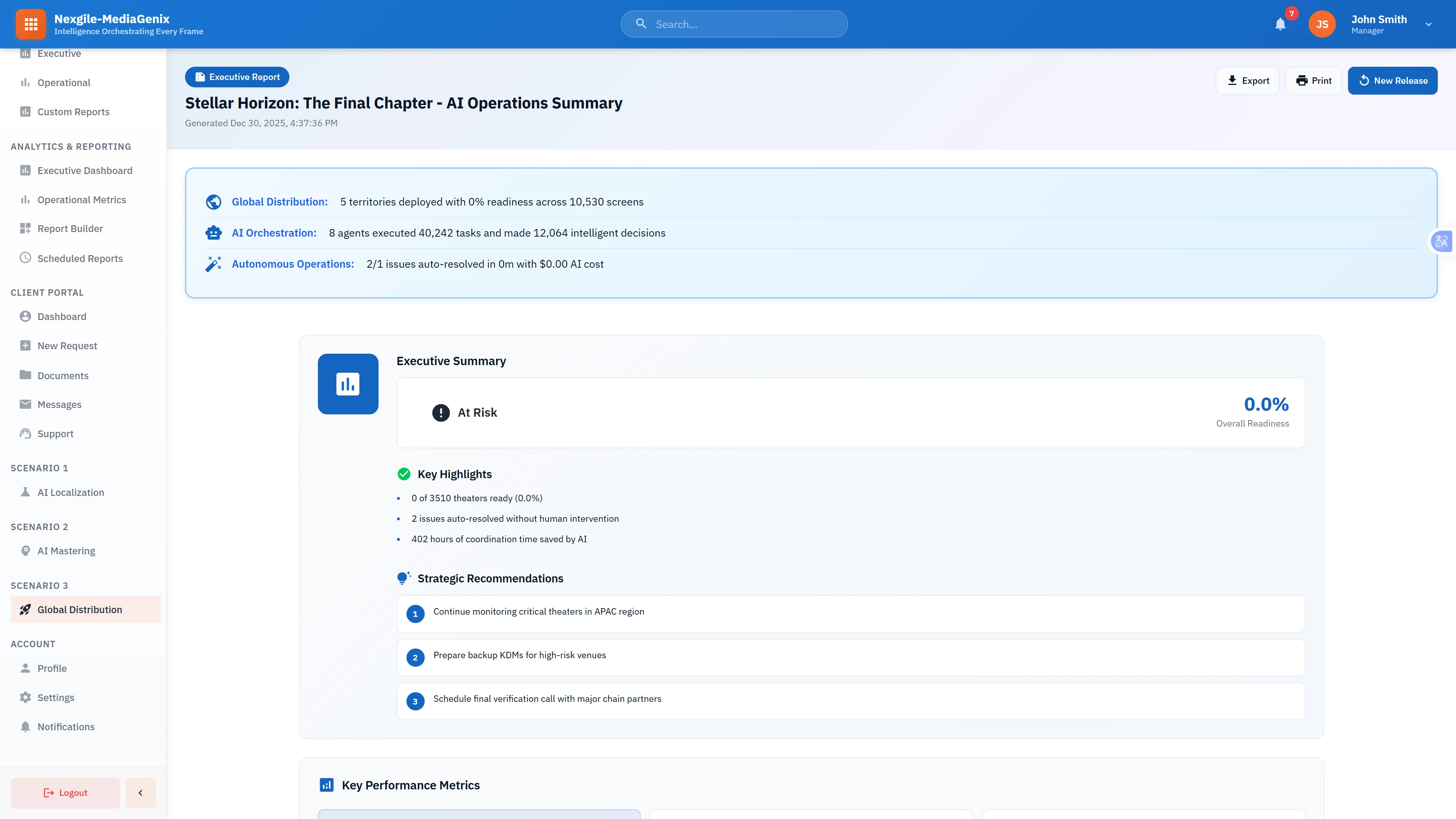 Executive Operations Summary: AI-generated report displaying global distribution status across territories, autonomous issue resolution metrics, key highlights, and strategic recommendations for release management