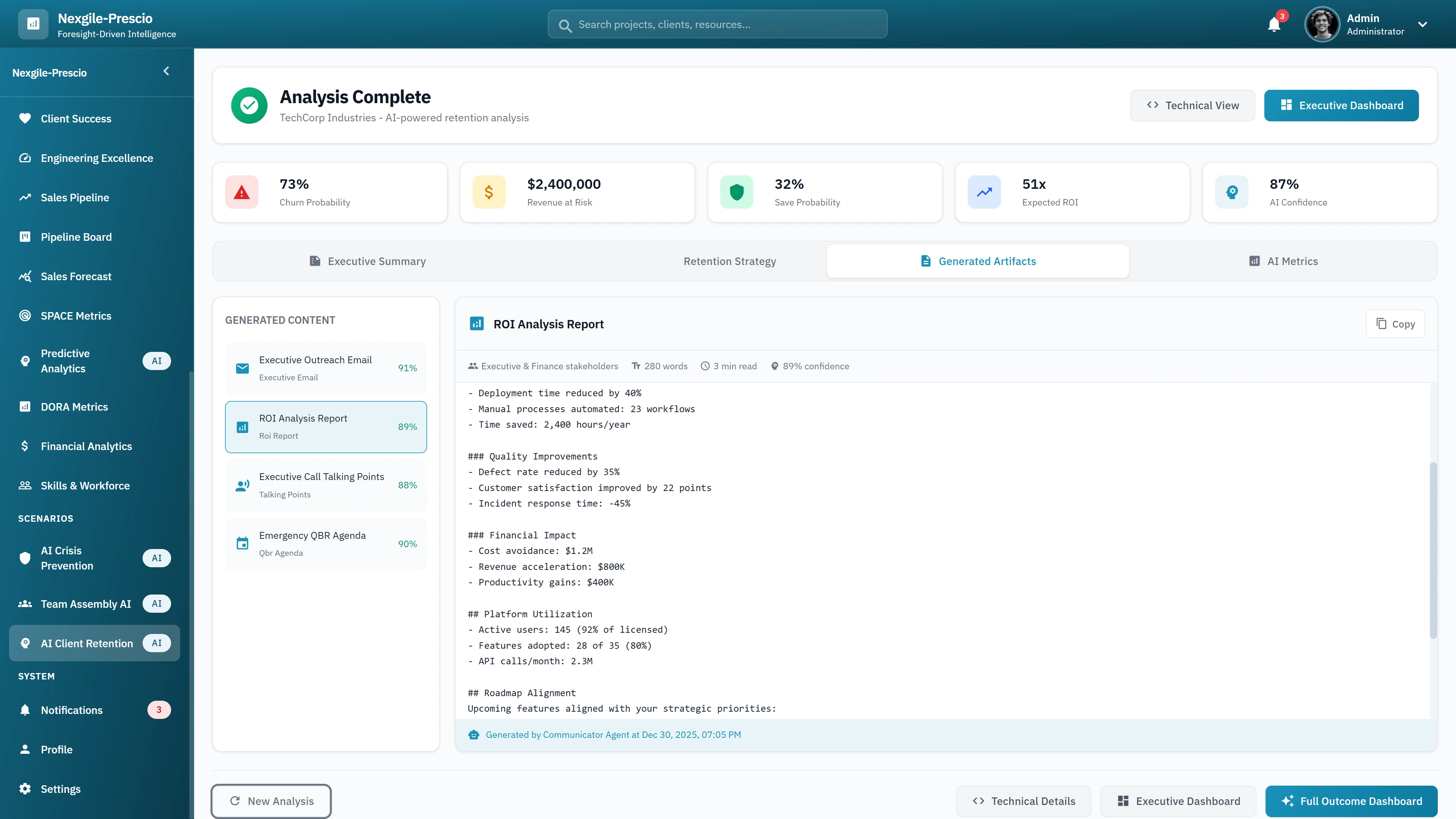 Generated Artifacts - AI-created retention deliverables including executive email, ROI analysis report, call talking points, and QBR agenda