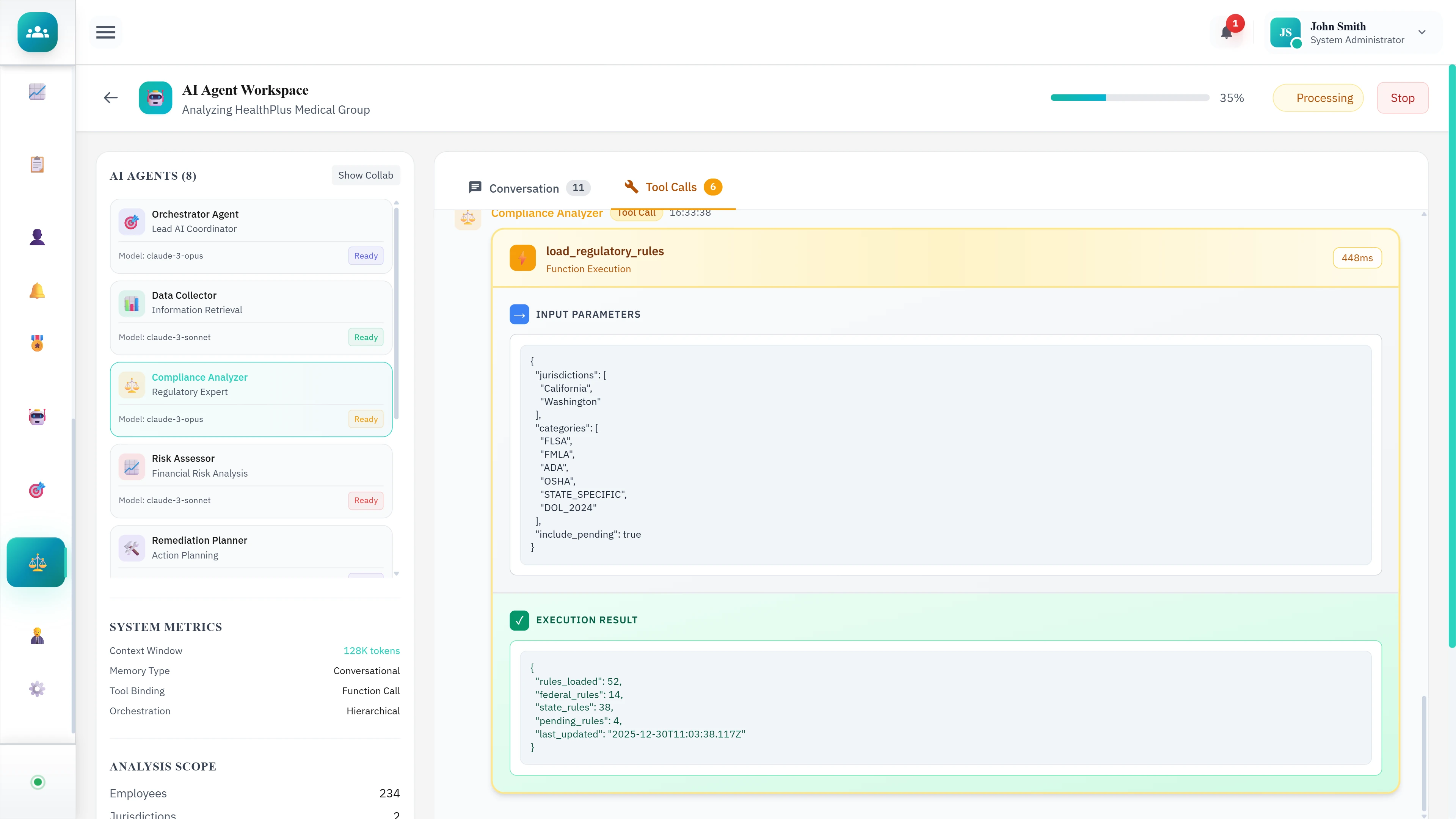 AI Agent Workspace - Agent panel with tool calls, regulatory rules execution, and real-time compliance analysis