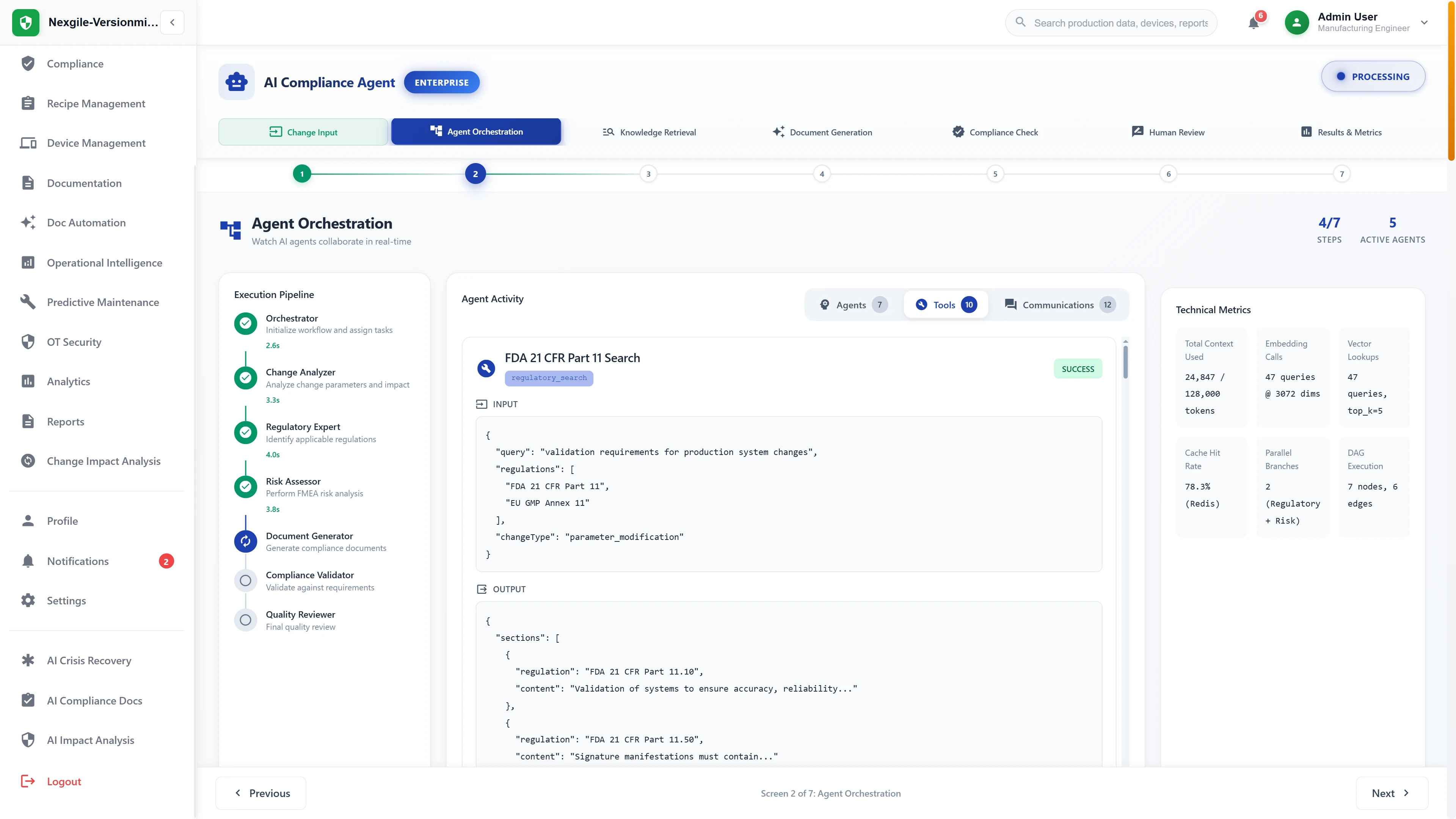 Multi-agent orchestration interface showing 7 specialized agents collaborating on FDA 21 CFR Part 11 regulatory knowledge retrieval