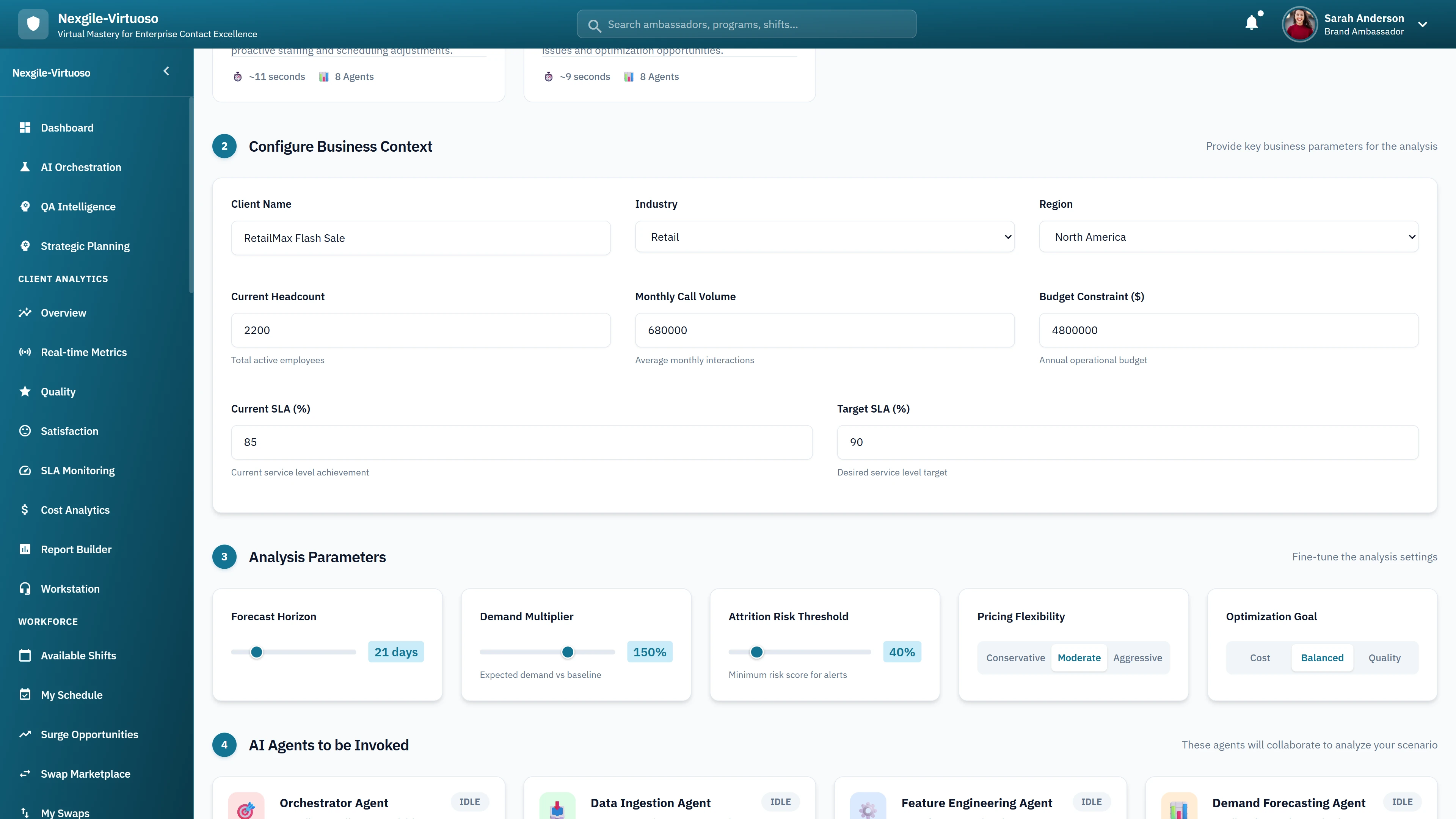 Configure Business Context - Client name, industry, region settings, current headcount, monthly call volume, SLA targets, and Analysis Parameters including Forecast Horizon, Demand Multiplier, Attrition Risk Threshold, and Optimization Goal